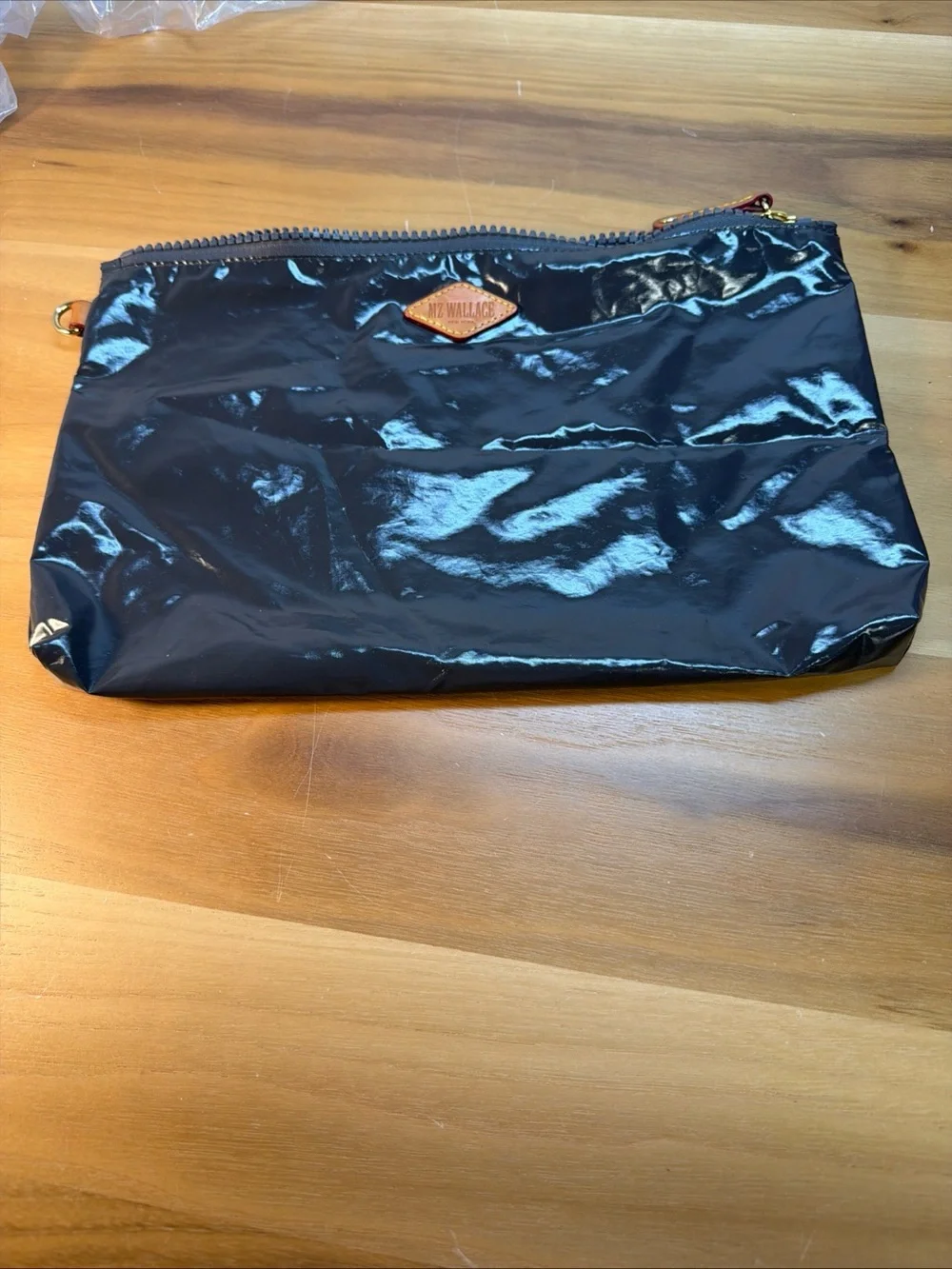 MZ Wallace Glossy Black Lacquer Nylon Zip Pouch Makeup Cosmetic Bag 12x 8” Gray